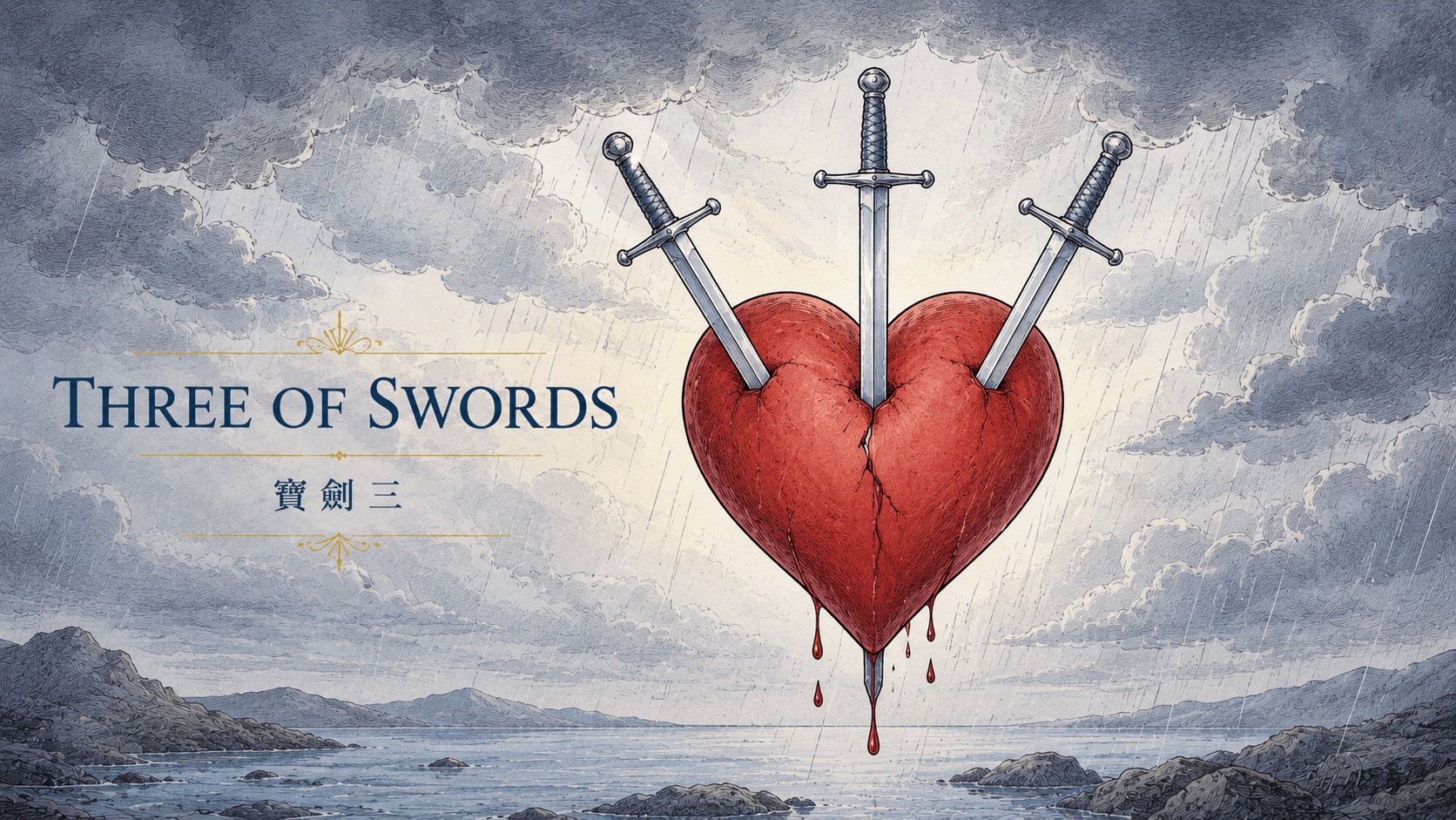 寶劍三 Three of Swords 塔羅牌牌面圖，象徵心痛、失落、真相刺痛、分離、情緒釋放與療癒