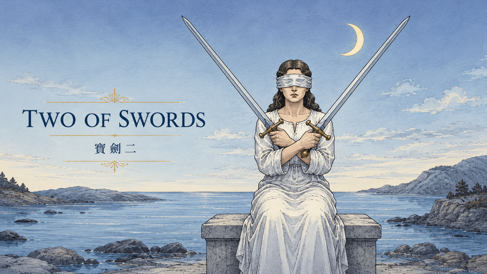 寶劍二 Two of Swords 塔羅牌牌面圖，象徵猶豫、僵局、內心拉扯、平衡、防禦與選擇