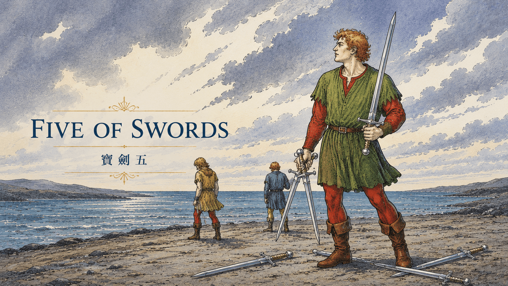 寶劍五 Five of Swords 塔羅牌牌面圖，象徵衝突、爭執、勝負、代價、自尊、防衛與關係裂痕