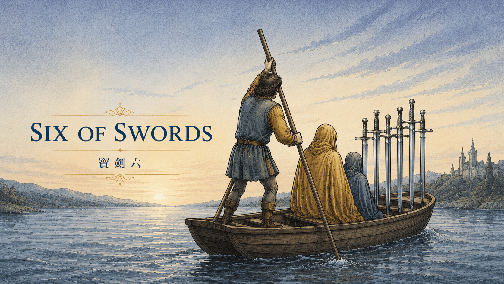 寶劍六 Six of Swords 塔羅牌牌面圖，象徵離開、過渡、療癒、移動、恢復平靜與走向新階段