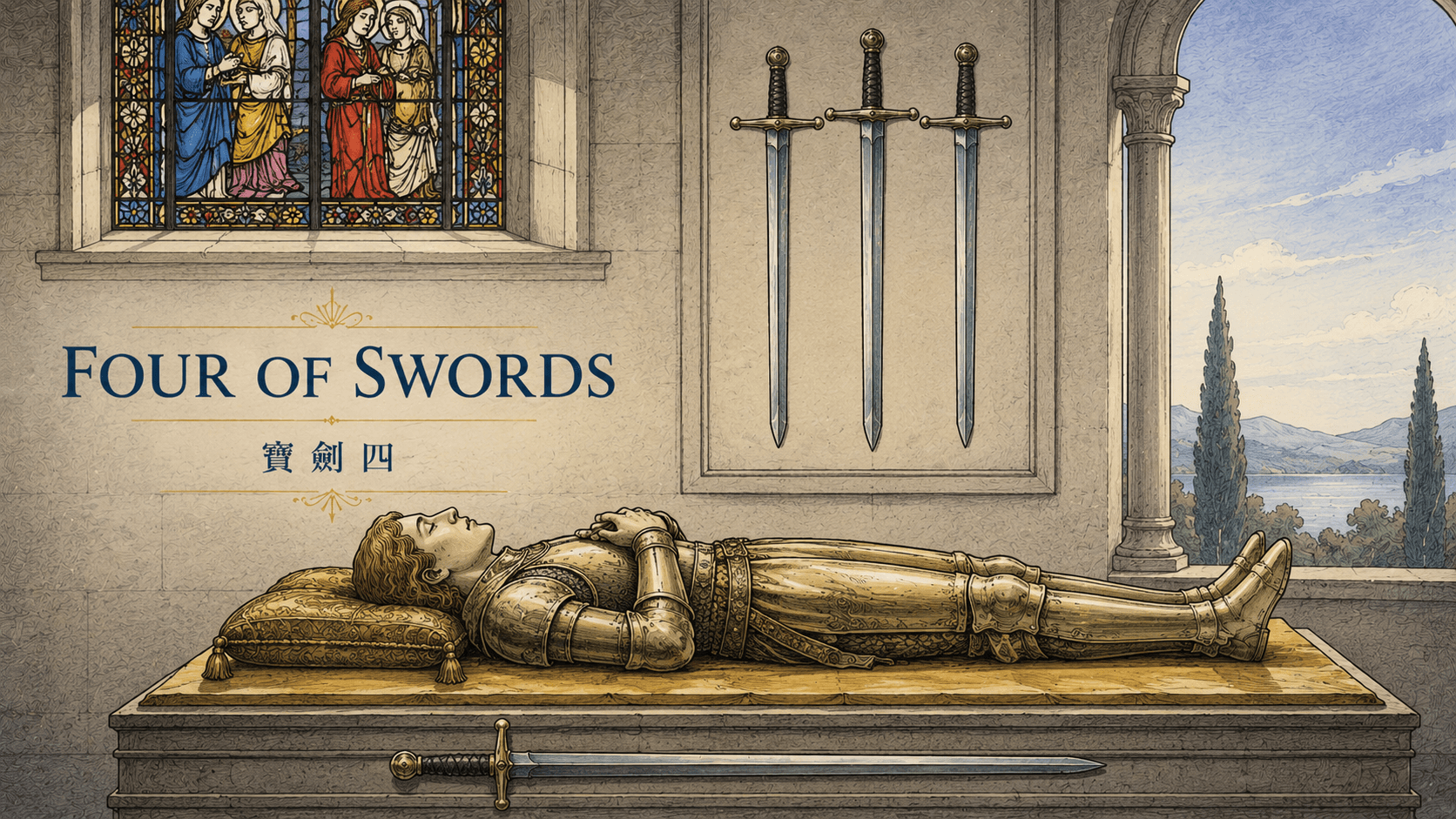 寶劍四 Four of Swords 塔羅牌牌面圖，象徵休息、靜養、暫停、恢復、沉澱與重新整理思緒