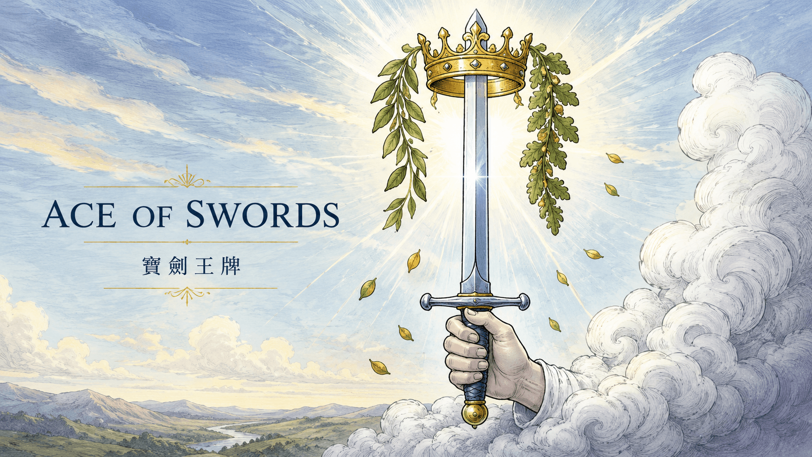 寶劍王牌 Ace of Swords 塔羅牌牌面圖，象徵真相、清晰思考、突破、決斷、溝通與新的想法