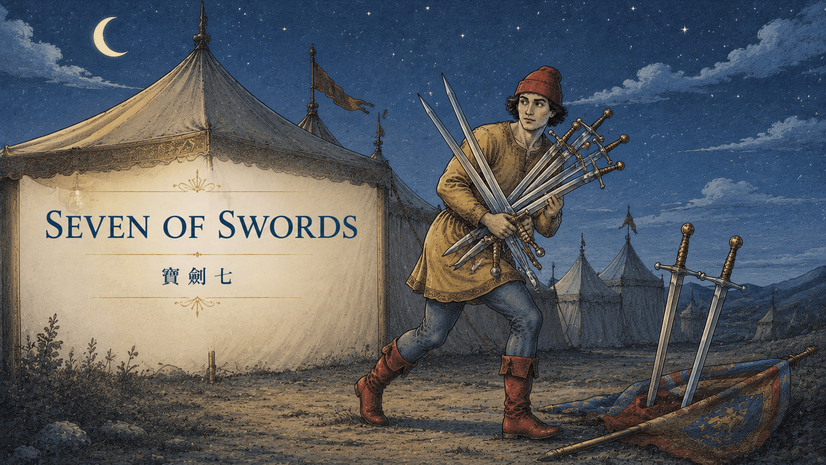 寶劍七 Seven of Swords 塔羅牌牌面圖，象徵策略、隱瞞、逃避、機智、私下行動與不完全透明