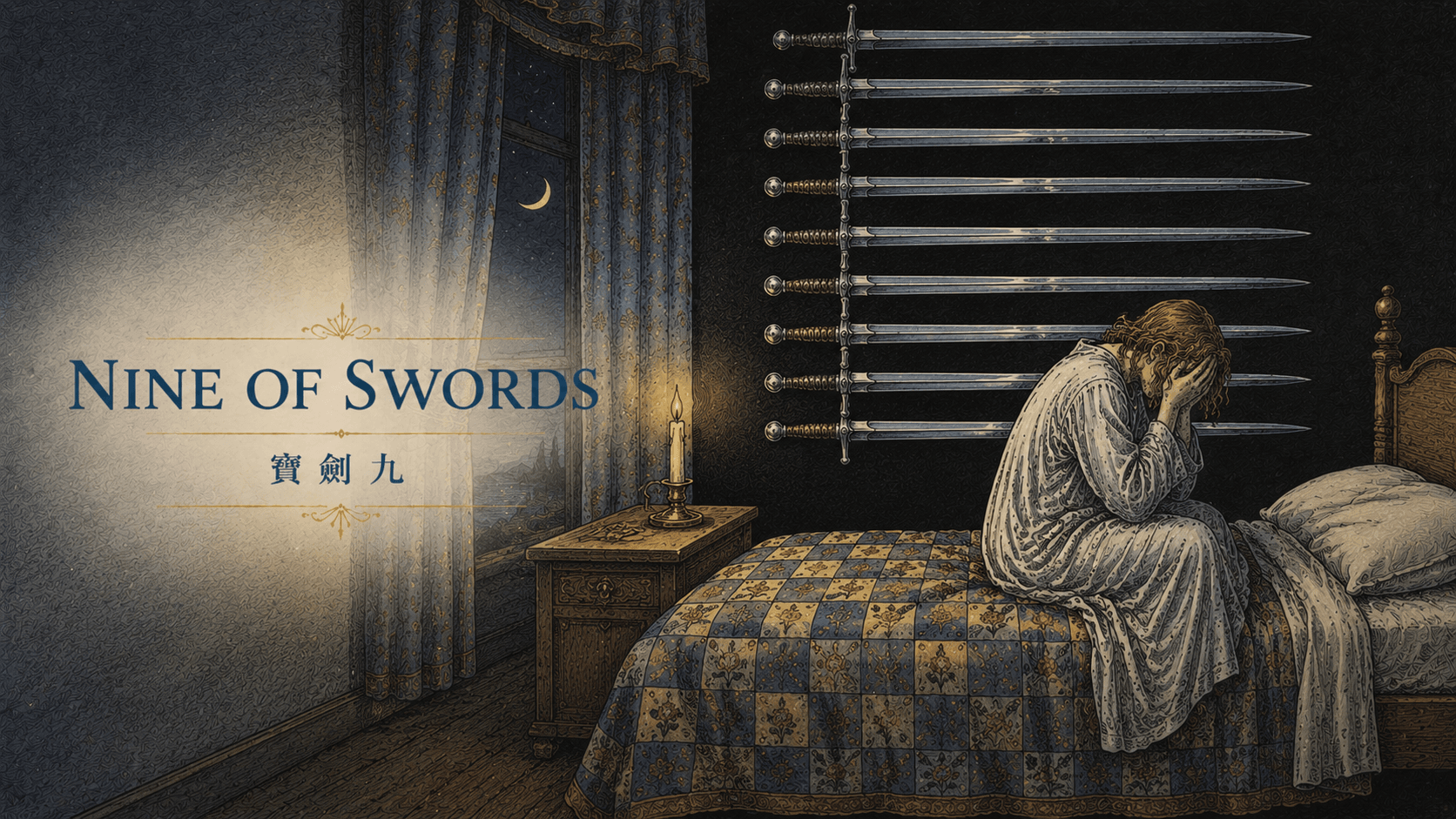 寶劍九 Nine of Swords 塔羅牌牌面圖，象徵焦慮、失眠、自責、壓力、擔憂、內疚與過度思考