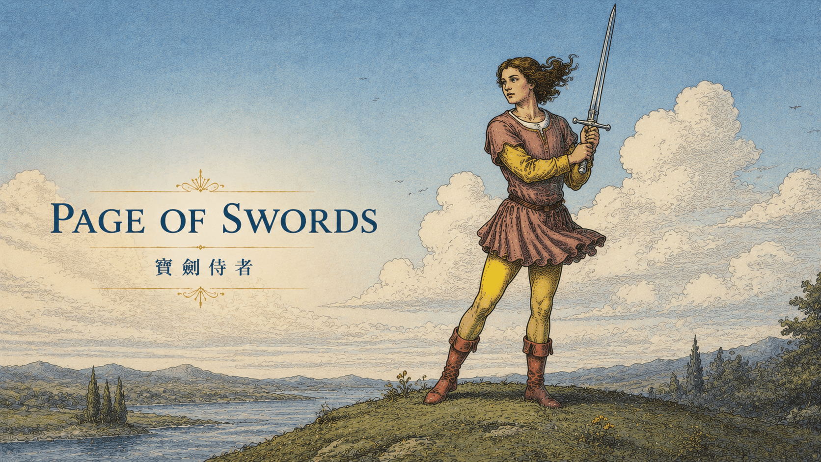 寶劍侍者 Page of Swords 塔羅牌牌面圖，象徵觀察、好奇、訊息、學習、警覺、表達與新的想法
