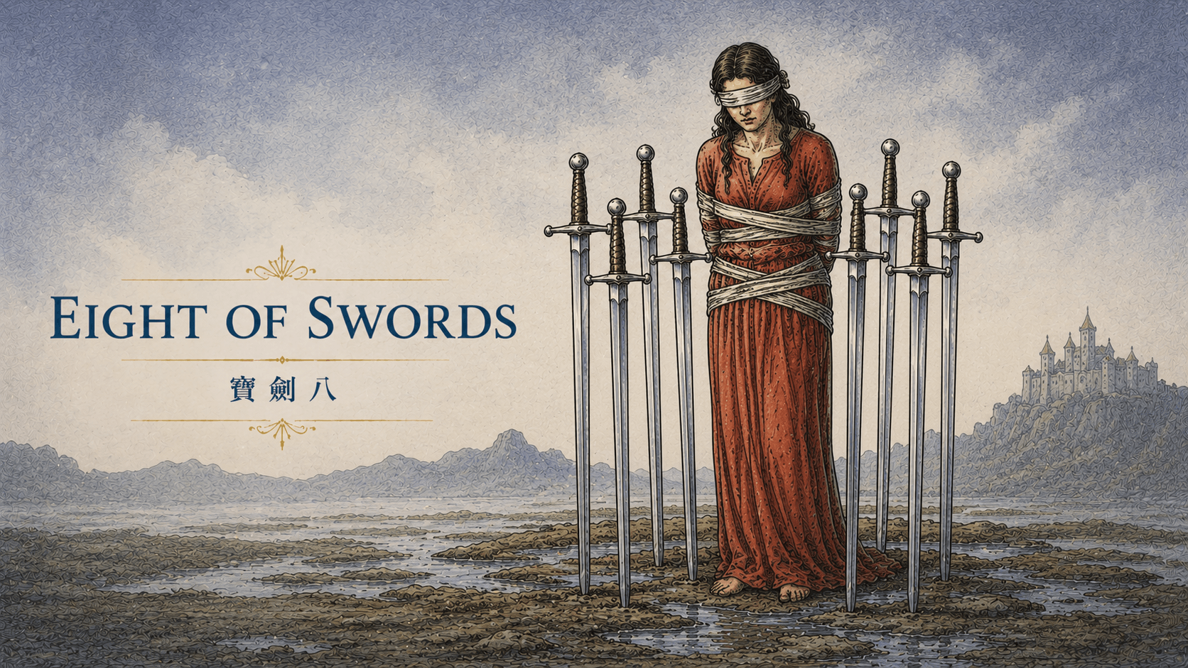 寶劍八 Eight of Swords 塔羅牌牌面圖，象徵受限、困住、自我束縛、恐懼、思維框架與看不見出口