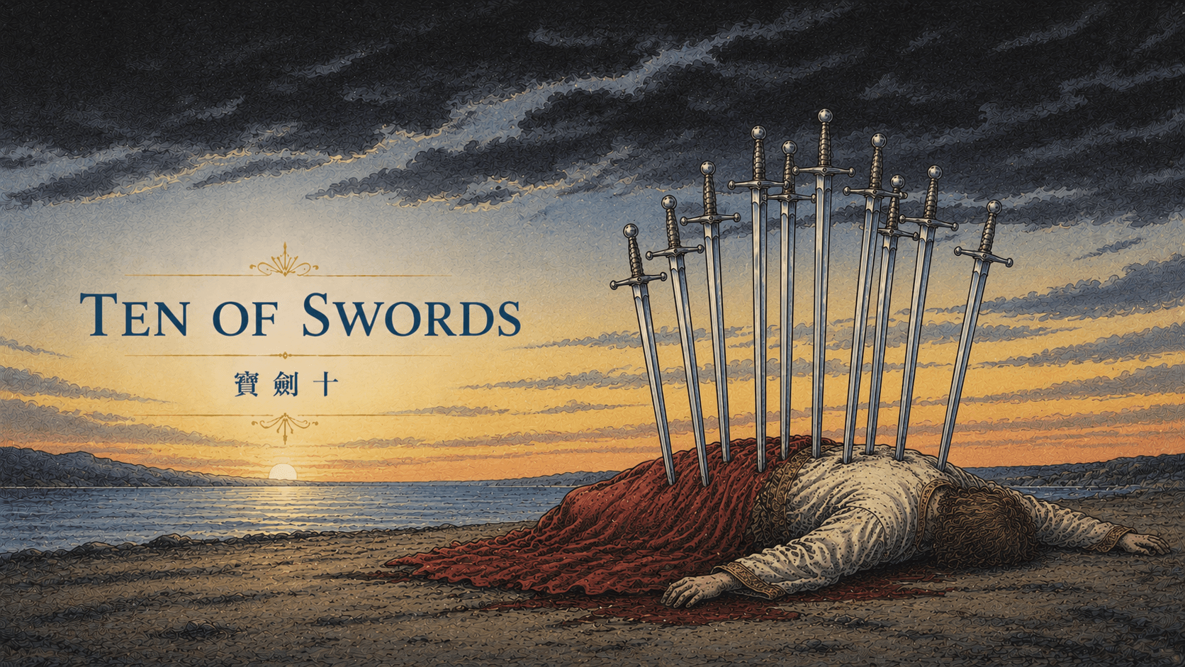 寶劍十 Ten of Swords 塔羅牌牌面圖，象徵結束、谷底、背叛、崩潰、放下舊模式與重新開始前的終點