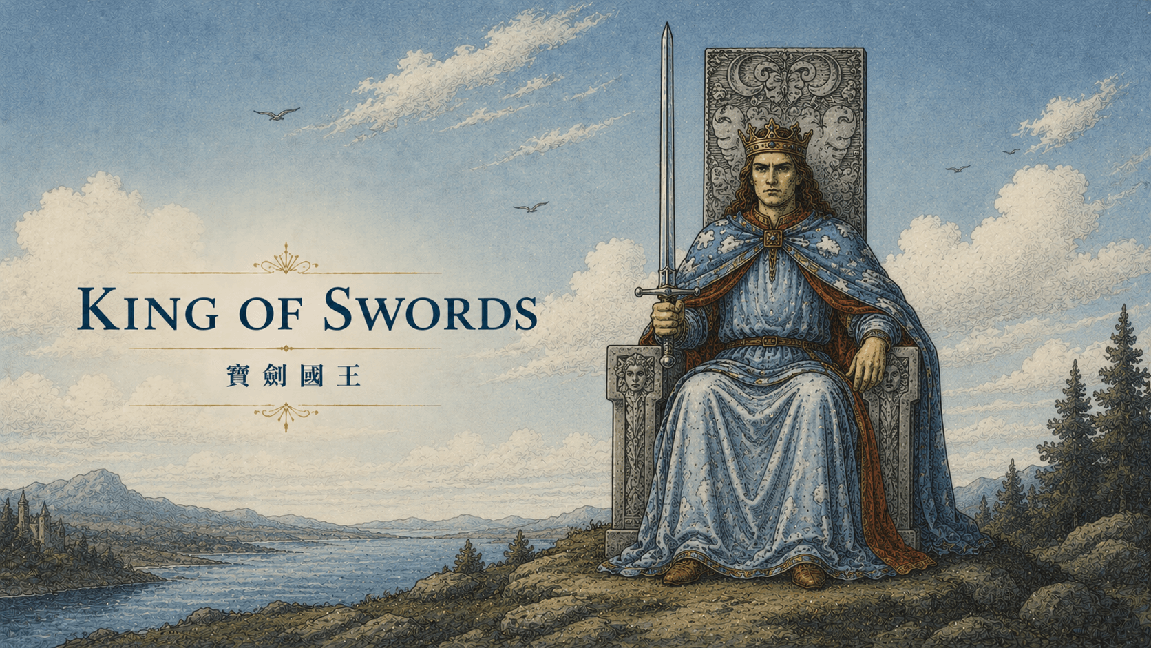 寶劍國王 King of Swords 塔羅牌牌面圖，象徵權威、理性、公正、規則、決策、專業與清晰判斷
