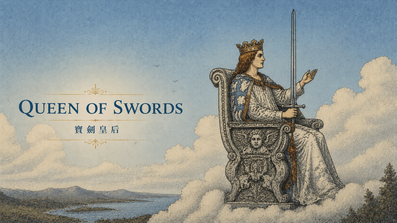 寶劍皇后 Queen of Swords 塔羅牌牌面圖，象徵清醒、獨立、界線、理性、洞察、誠實與成熟判斷
