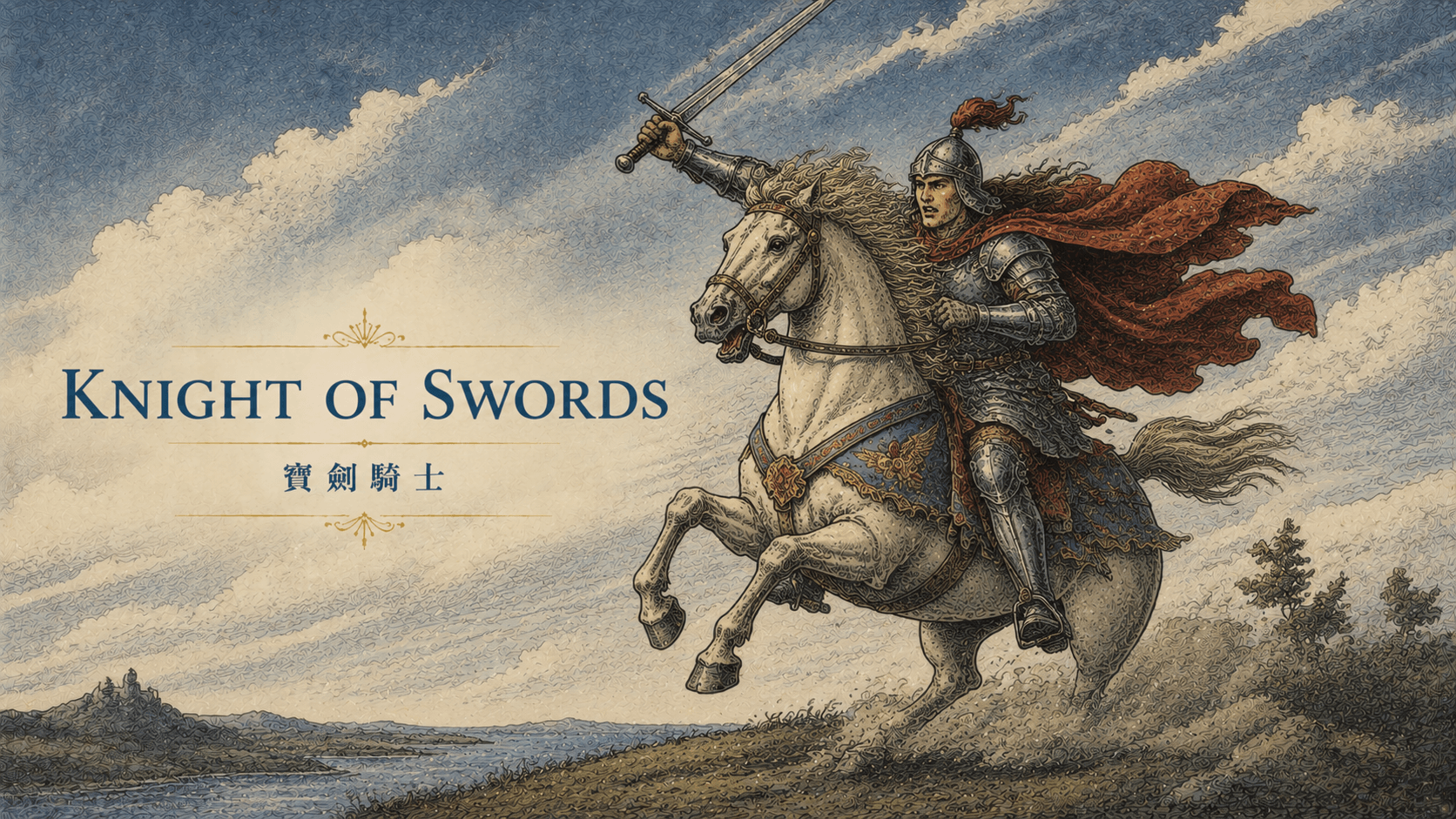 寶劍騎士 Knight of Swords 塔羅牌牌面圖，象徵快速、衝刺、直接、爭取、強勢溝通、目標導向與急切