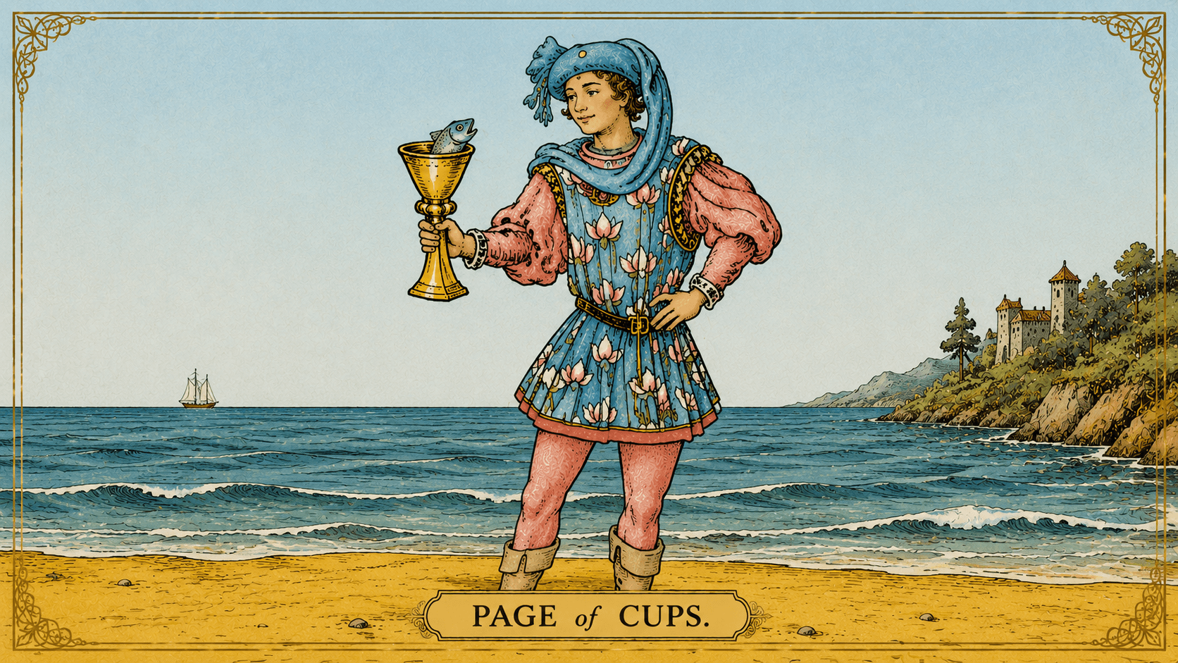 聖杯侍者 Page of Cups 塔羅牌牌面圖，象徵情感萌芽、直覺訊息、純真、靈感、曖昧與創意開啟