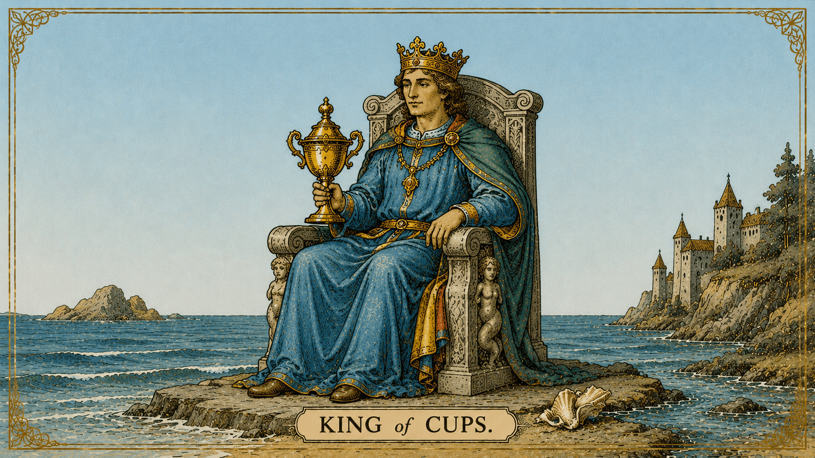 聖杯國王 King of Cups 塔羅牌牌面圖，象徵情緒成熟、穩定掌握、同理心、慈悲、情感智慧與內在平衡