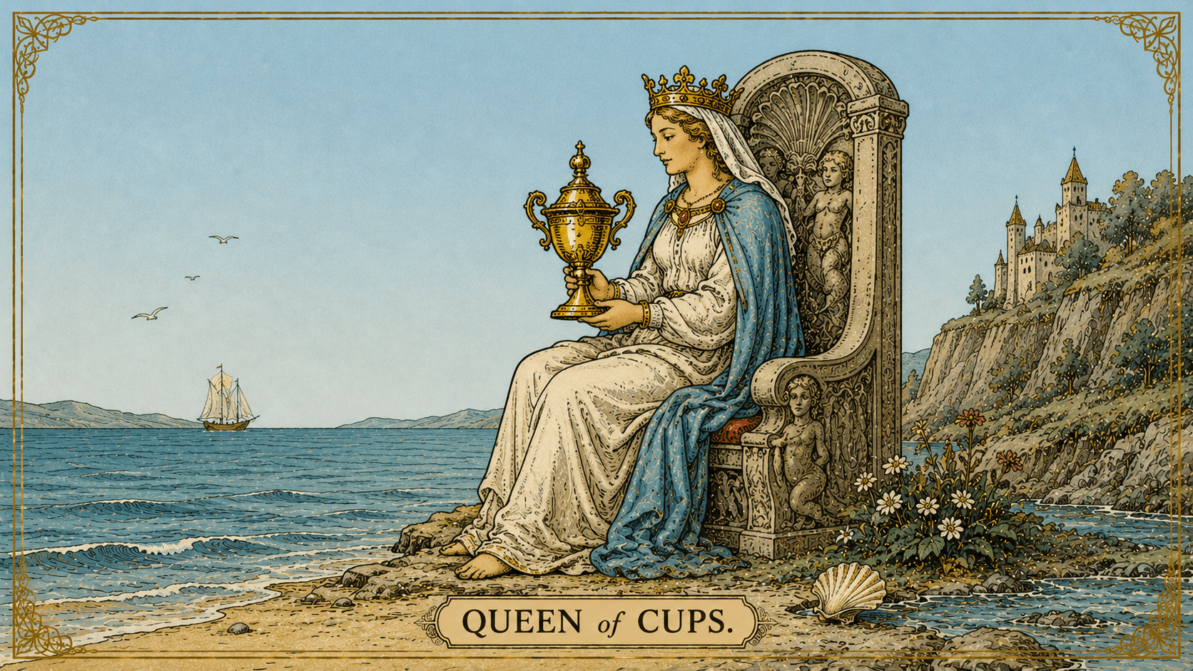 聖杯皇后 Queen of Cups 塔羅牌牌面圖，象徵情感成熟、直覺、溫柔包容、療癒、同理心與情緒界線