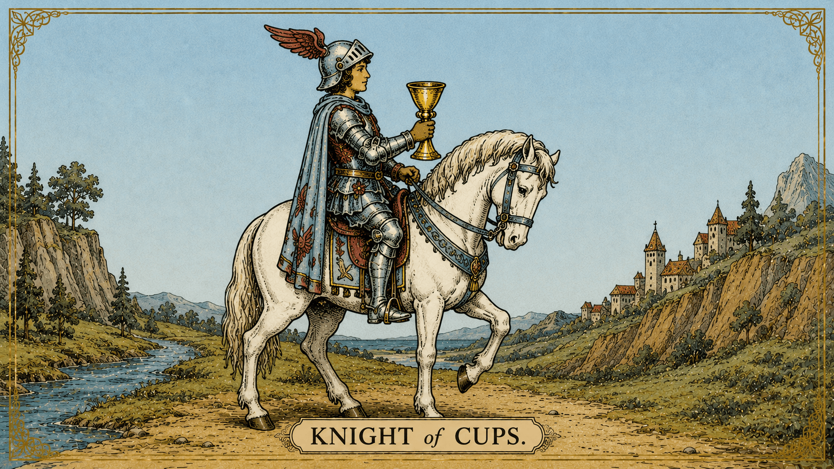 聖杯騎士 Knight of Cups 塔羅牌牌面圖，象徵浪漫追求、情感行動、邀請、理想、直覺與心意表達