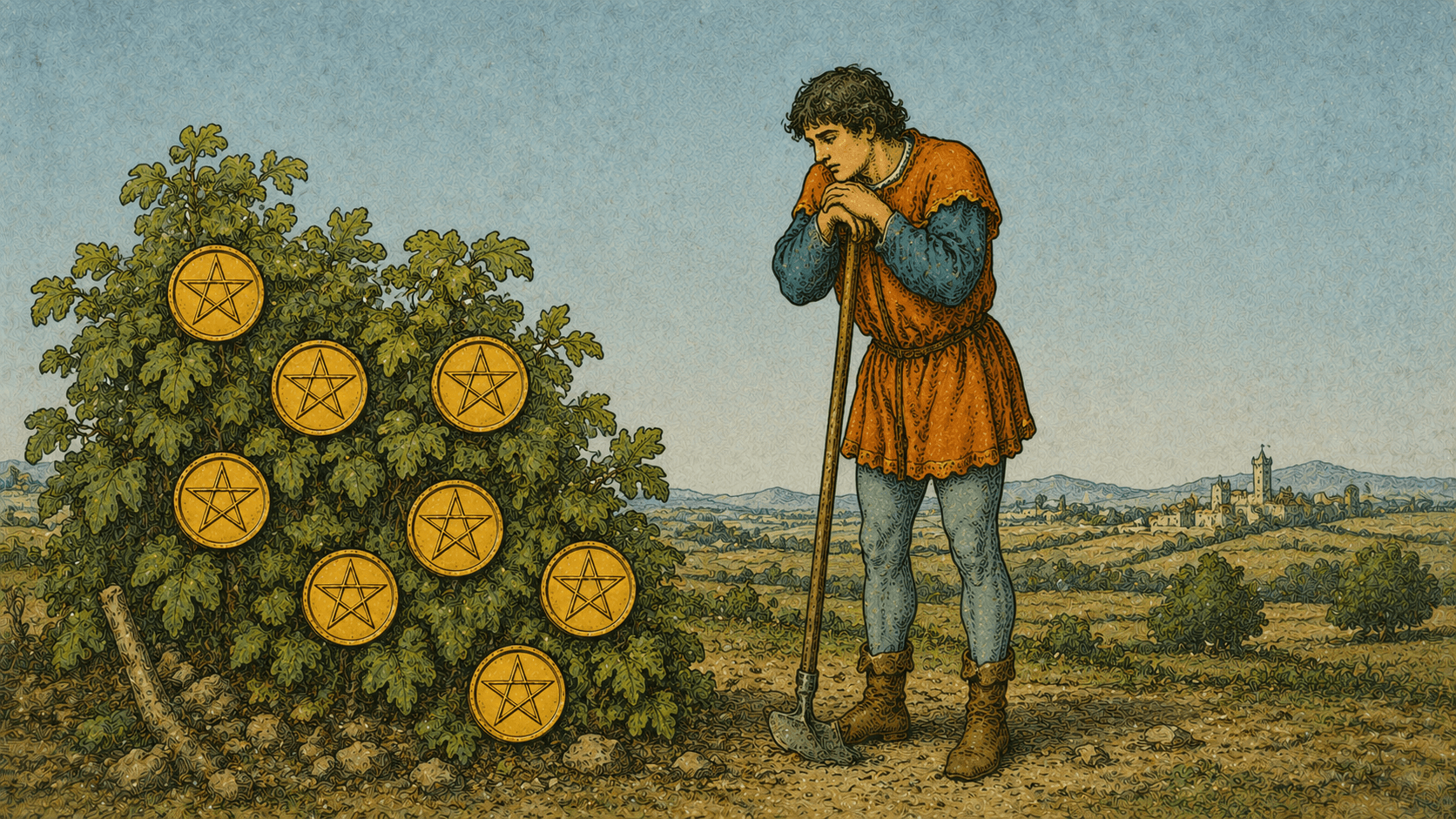 錢幣七 Seven of Pentacles 塔羅牌牌面圖，象徵等待、評估、耐心、投資、耕耘、成果累積與長期檢視