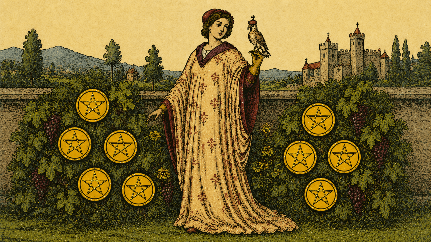 錢幣九 Nine of Pentacles 塔羅牌牌面圖，象徵獨立、豐盛、享受成果、自我價值、優雅、穩定與財務自由