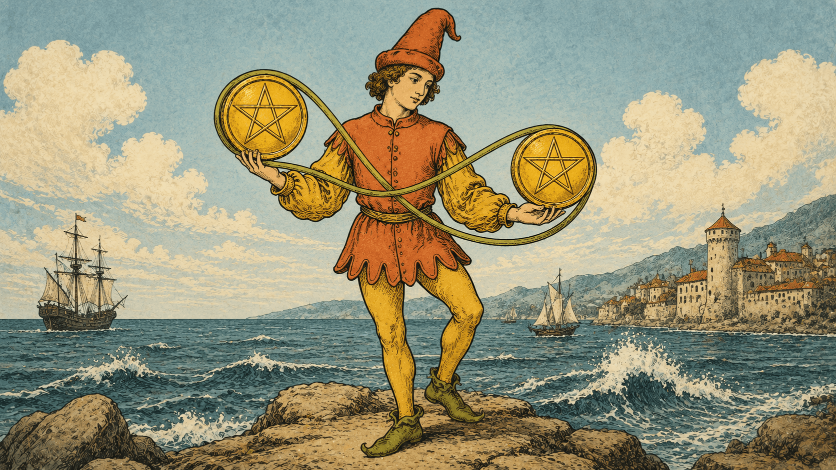 錢幣二 Two of Pentacles 塔羅牌牌面圖，象徵平衡、調度、忙碌、彈性、收支管理、多工與資源流動