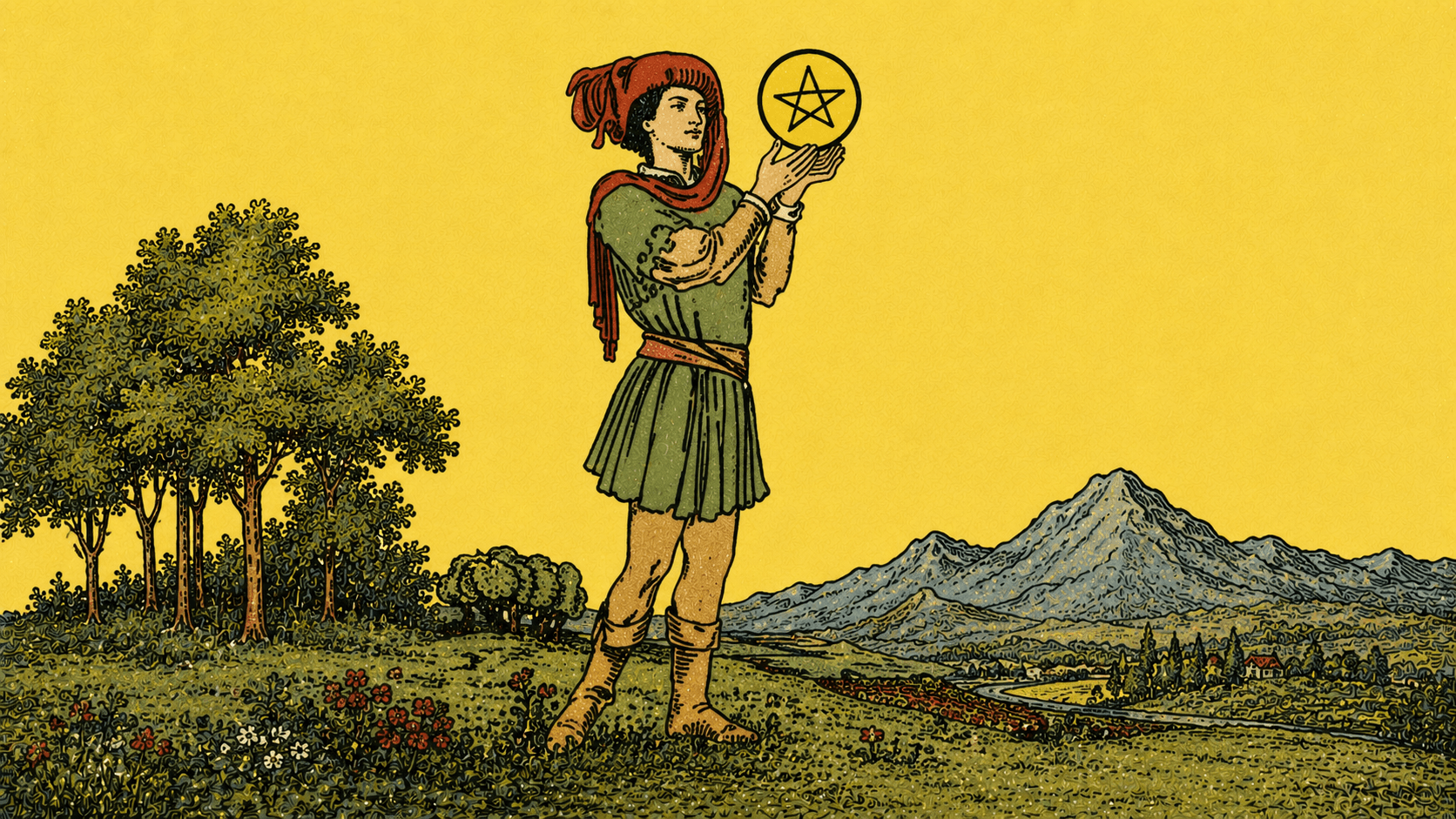 錢幣侍者 Page of Pentacles 塔羅牌牌面圖，象徵學習、實踐、計畫、專注、新技能、資源運用與踏實開始