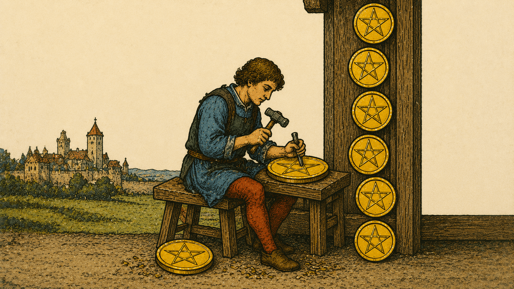 錢幣八 Eight of Pentacles 塔羅牌牌面圖，象徵努力、練習、專注、技能、職人精神、學習與穩定進步