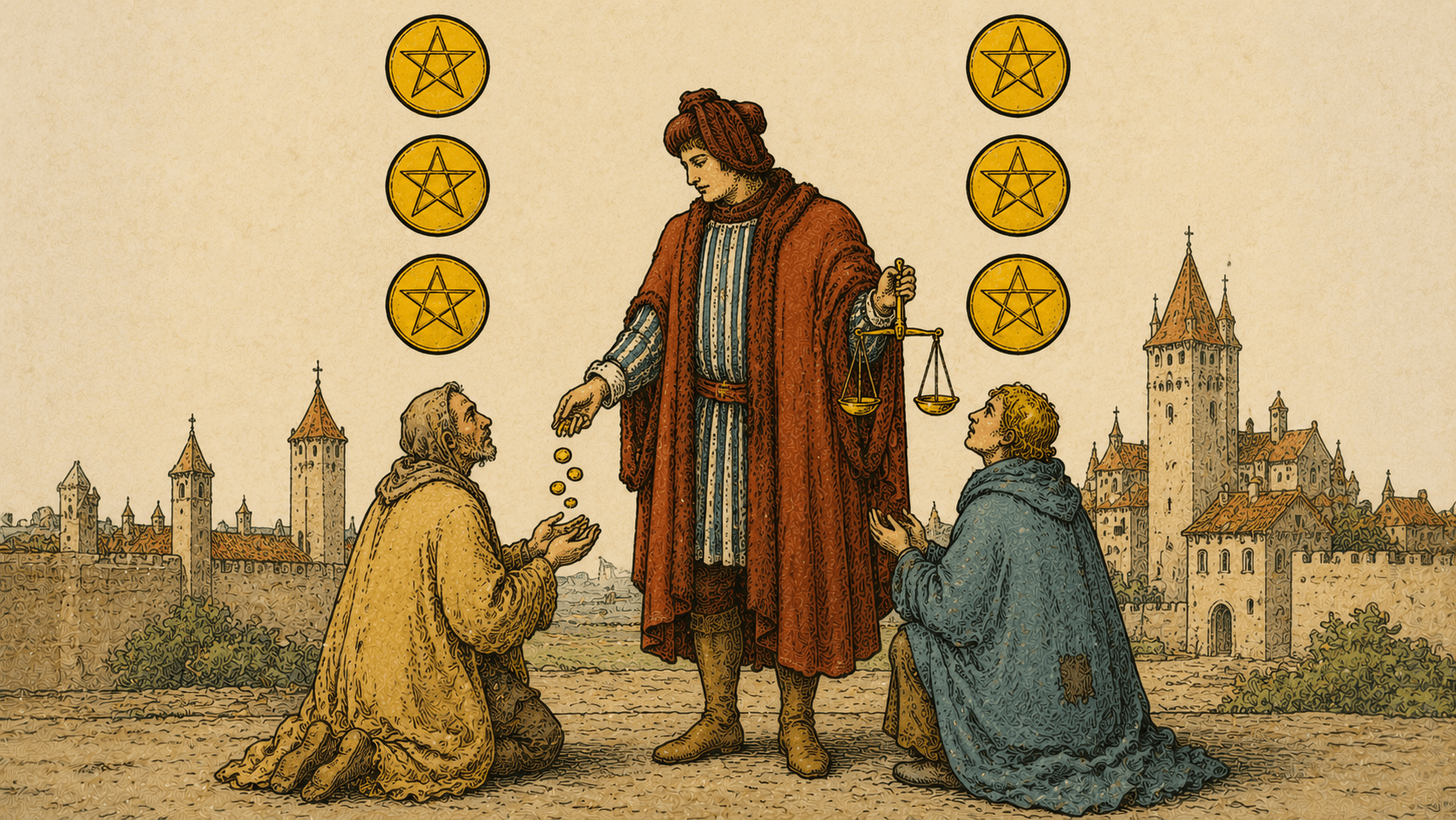 錢幣六 Six of Pentacles 塔羅牌牌面圖，象徵給予、接受、資源分配、援助、公平、互惠與慷慨