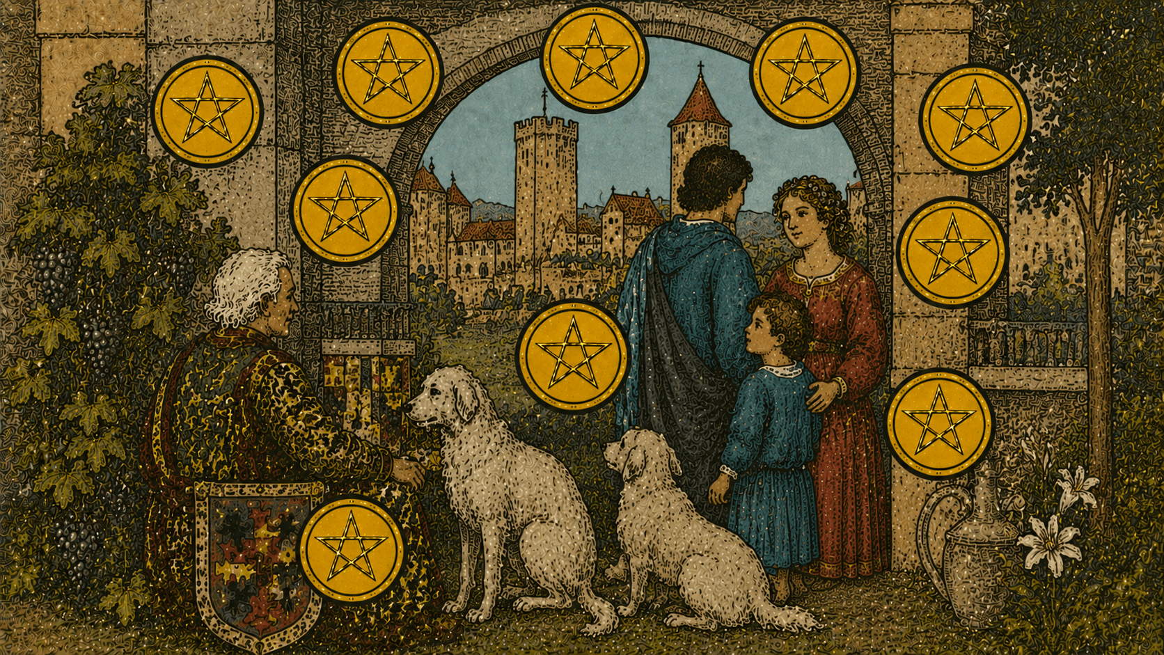 錢幣十 Ten of Pentacles 塔羅牌牌面圖，象徵家族、傳承、長期穩定、財富、制度、歸屬與累積成果