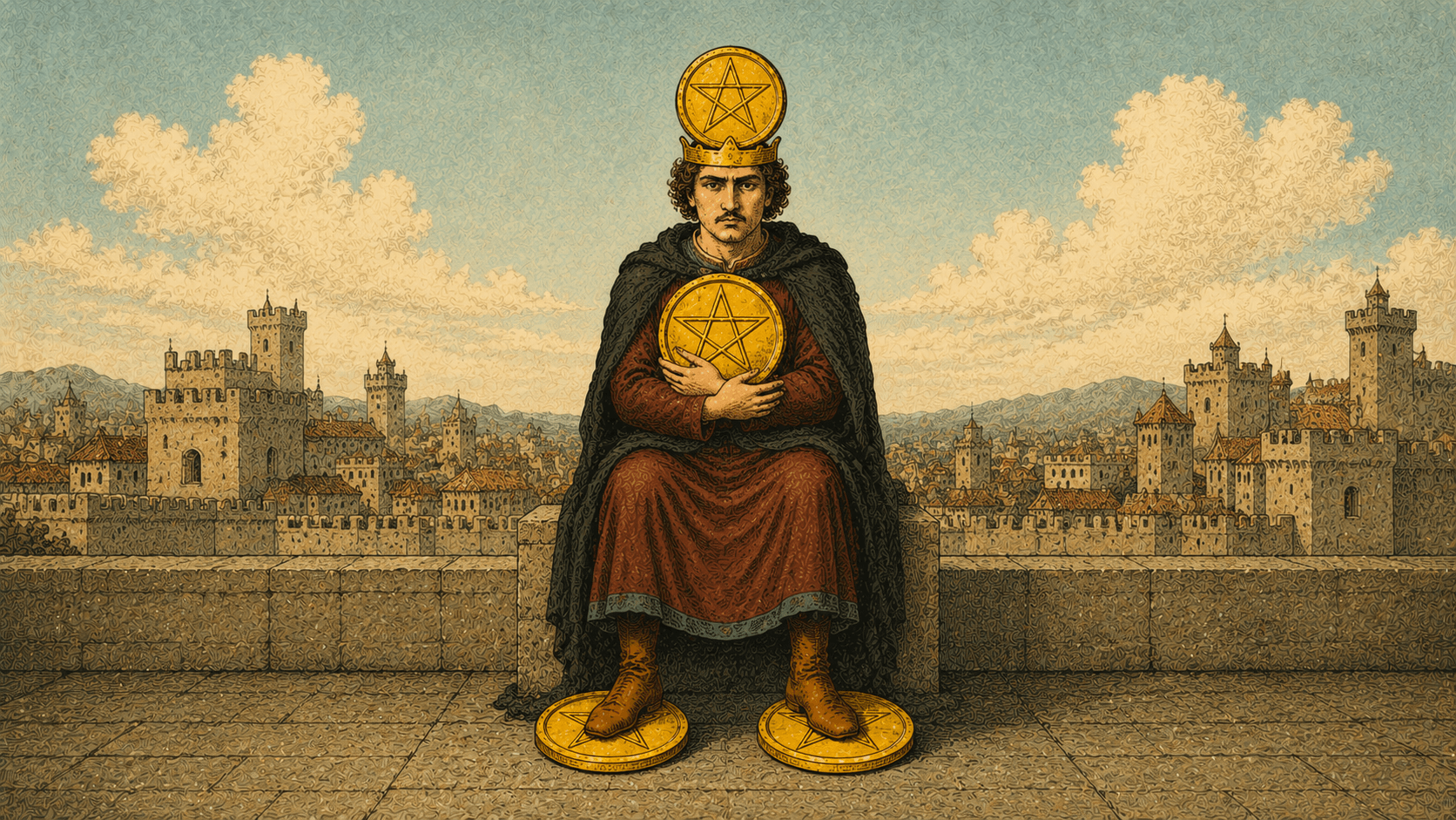 錢幣四 Four of Pentacles 塔羅牌牌面圖，象徵掌控、保守、安全感、佔有、儲蓄、穩定與害怕失去