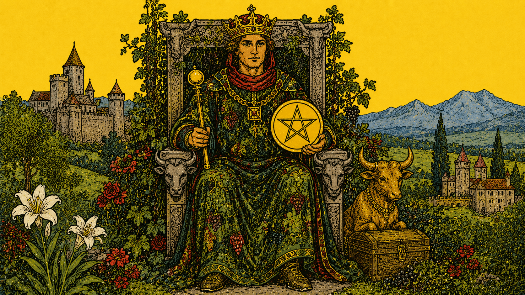 錢幣國王 King of Pentacles 塔羅牌牌面圖，象徵成就、穩定、財富、管理、可靠、實際成果與成熟資源掌握