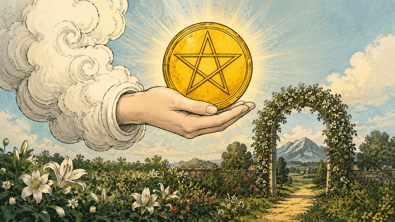 錢幣王牌 Ace of Pentacles 塔羅牌牌面圖，象徵機會、金錢、物質、穩定、資源、工作新開始與實際成果