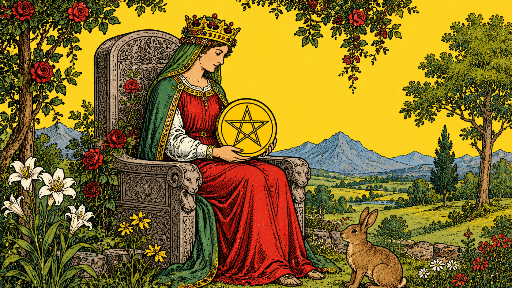 錢幣皇后 Queen of Pentacles 塔羅牌牌面圖，象徵滋養、照顧、務實、豐盛、生活品質、穩定與身心安頓