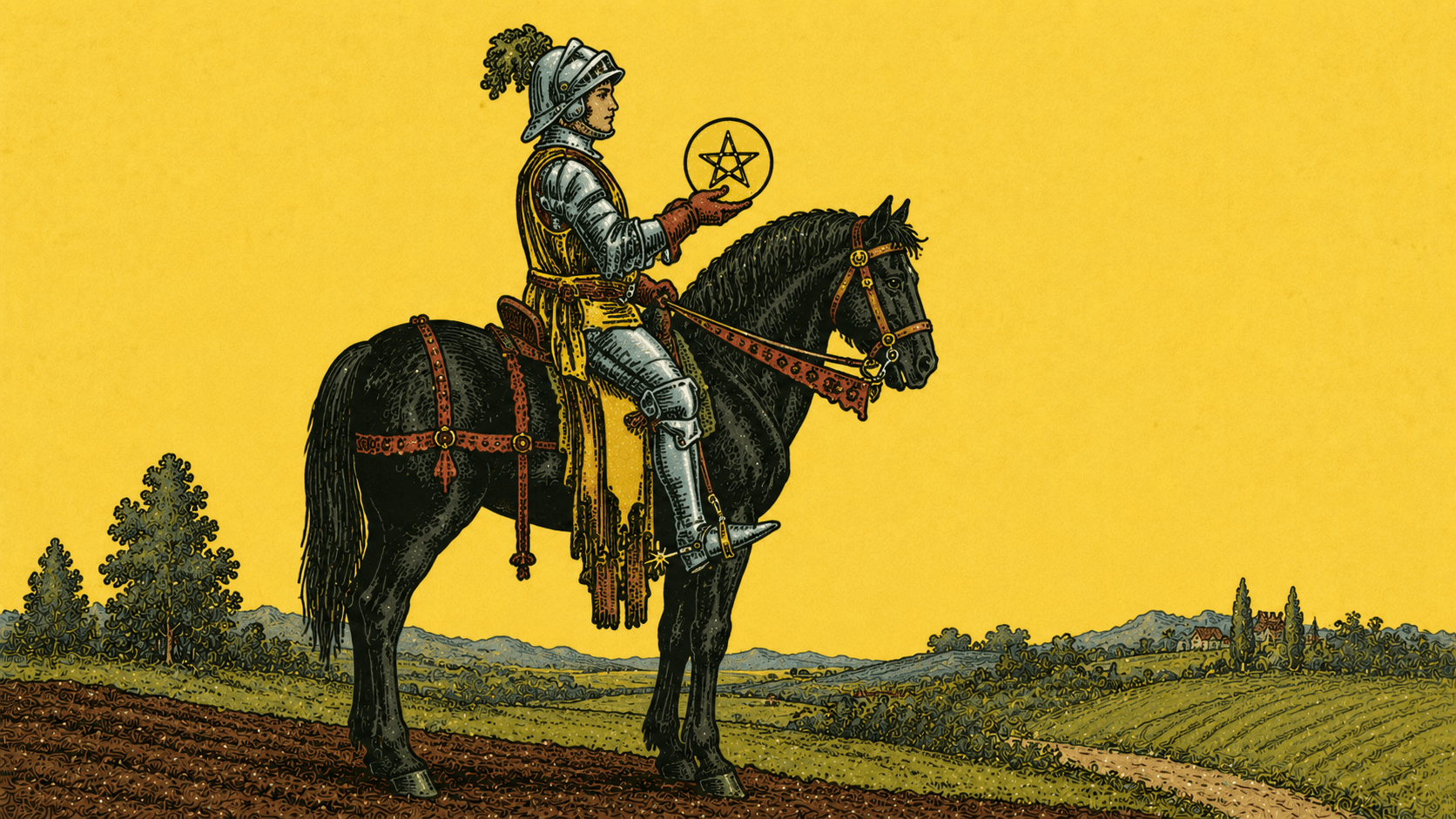 錢幣騎士 Knight of Pentacles 塔羅牌牌面圖，象徵穩定、責任、耐心、可靠、規律、累積與一步一步完成