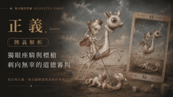 正義 Justice 牌義解析：妮可麗塔塔羅中「獨眼座騎與標槍刺向無辜」的道德審判